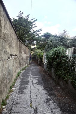 Bulutlu bir günde, ağaçlar ve bitkilerle dolu taş duvarlar arasında bir ara sokağın girişinde.