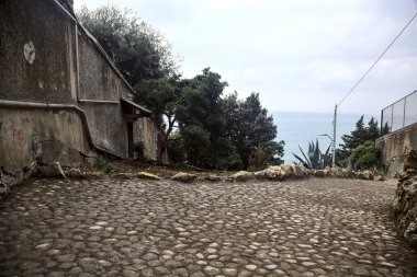 Bulutlu bir günde, deniz kenarındaki bir merdivenin kenarında ağaçlar ve sınır duvarları.