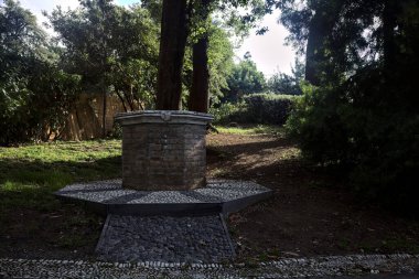 Parktaki bir çalılığın yanındaki eski tuğla.