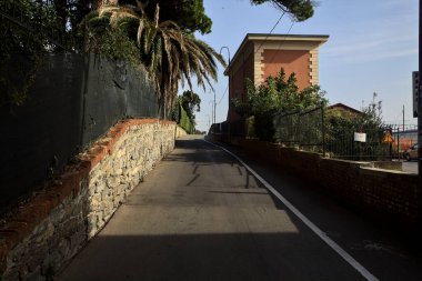 Çitlerle çevrili yokuş yukarı bir sokak ve üzerinde bir ağaç var.