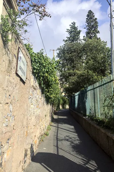 Strada Stretta Delimitata Muro Pietra Una Recinzione Con Piante Entrambi — Foto Stock