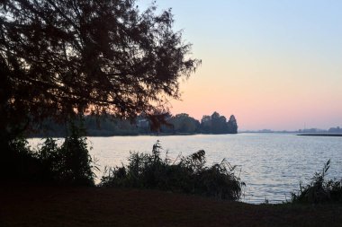 Gün batımında bir ağaç ve sazlıklar tarafından çerçevelenmiş ufukta uzanan bir kıyı ile nehir.