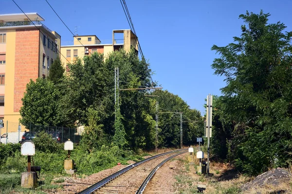 Gün Batımında Yanında Ağaçlar Binalar Olan Demiryolu Geçidi — Stok fotoğraf