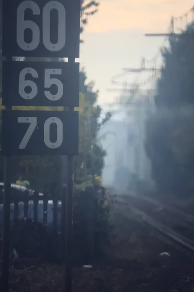 Railroad Track Signs Bare Trees Edge Foggy Day Autumn — Stock Photo, Image