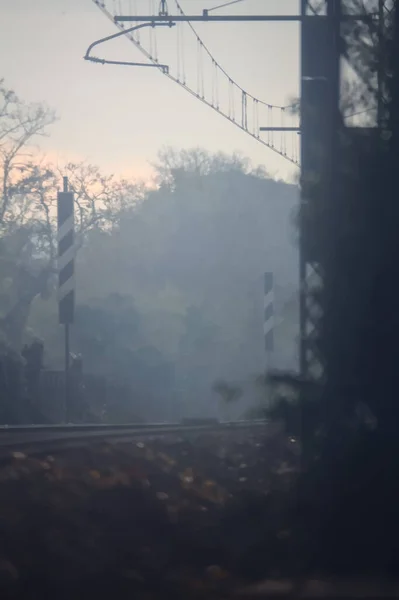Railroad Track Signs Bare Trees Edge Foggy Day Autumn — Stock Photo, Image