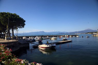 Bir yaz günü rıhtımlı teknelerle iskele Çiçek yatakları ve deniz çam ağaçlarıyla çerçevelenmiş