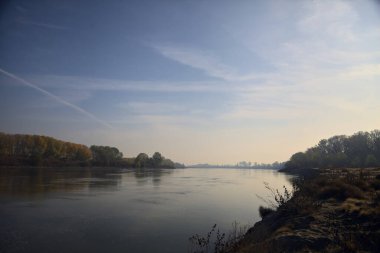 Sonbaharda kumlu bir sahilde, ağaçların yansıdığı nehir sulardan görülebiliyor.