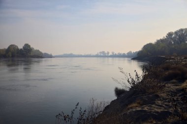 Sonbaharda kumlu bir sahilde, ağaçların yansıdığı nehir sulardan görülebiliyor.