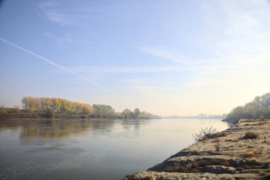 Sonbaharda kumlu bir sahilde, ağaçların yansıdığı nehir sulardan görülebiliyor.