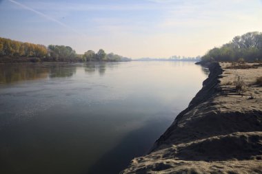 Sonbaharda kumlu bir sahilde, ağaçların yansıdığı nehir sulardan görülebiliyor.
