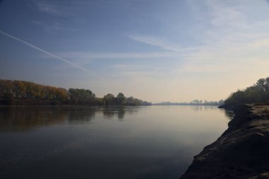 Sonbaharda kumlu bir sahilde, ağaçların yansıdığı nehir sulardan görülebiliyor.