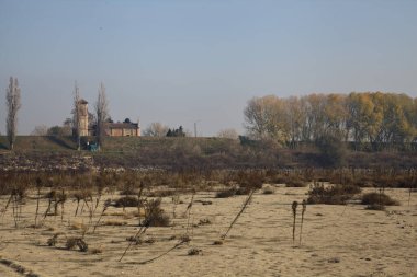 Sonbaharda kumlu bir sahilden görülen bir koruluğun yanındaki kırsal bölgede kilise.