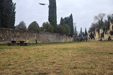 Sonbaharda bulutlu bir günde parktaki taş duvarlar arasında geniş bir patika.