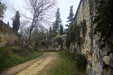 Sonbaharda bulutlu bir günde, taş duvarlarla çevrili bir parkta, bir koruluğun başındaki toprak yol.