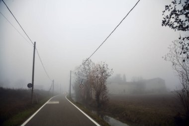 Kışın sisli bir günde çıplak ağaçlar ve tahta sütunlarla dar bir köy yolu.