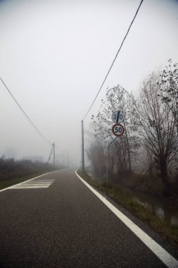 Kışın sisli bir günde çıplak ağaçlar ve tahta sütunlarla dar bir köy yolu.