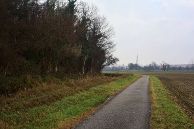 Asphalt trail bordered by a cultivated field and a forest next to a stream of water on a cloudy day in the italian countryside