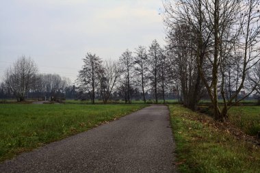 Asphalt trail bordered by fields and a stream of water with a bridge crossing it next to a group of bare trees on a cloudy day
