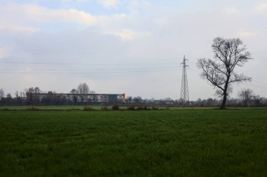 Electricity pylon and an abandoned building in the distance framed by bare trees in a field on a cloudy day in winter