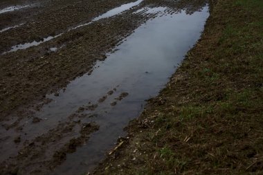 Puddle in a cultivated field seen up close