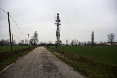 Empty road with wooden poles at its edge and fields bordering it on a cloudy day in the italian countryside