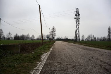 Empty road with wooden poles at its edge and fields bordering it on a cloudy day in the italian countryside