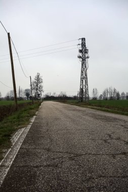 Empty road with wooden poles at its edge and fields bordering it on a cloudy day in the italian countryside