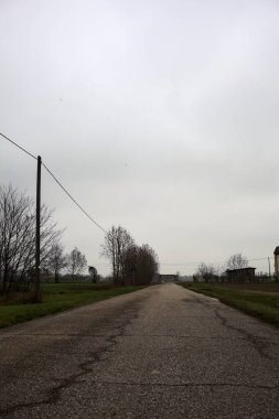 Empty road with wooden poles at its edge and fields bordering it on a cloudy day in the italian countryside