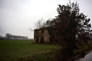 Abandoned country house covered by plants in a cultivated field next to a road and a stream of water on a cloudy day in the italian countryside