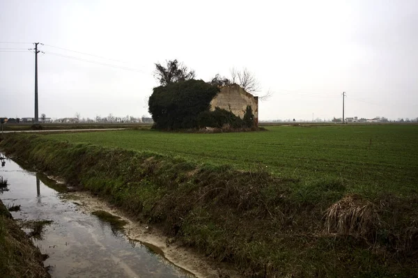 Abandoned country house covered by plants in a cultivated field next to a road and a stream of water on a cloudy day in the italian countryside