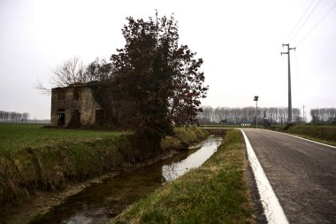 Abandoned country house covered by plants in a cultivated field next to a road and a stream of water on a cloudy day in the italian countryside