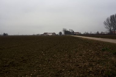Narrow road between ploughed fields on a cloudy day in the italian countryside