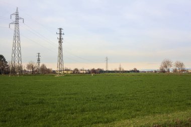 Cultivated field with electricity pylons and over head cables on a cloudy day in the italian countryside