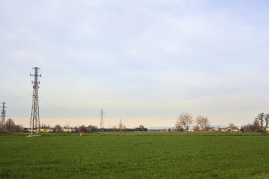 Cultivated field with electricity pylons and over head cables on a cloudy day in the italian countryside