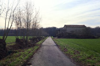 Abandoned country house by the edge of a paved trail in the italian countryside