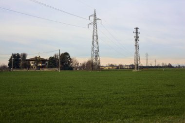 Country road between fields with bare trees and electricity pylons with over head cables on a cloudy day