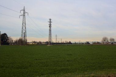 Country road between fields with bare trees and electricity pylons with over head cables on a cloudy day