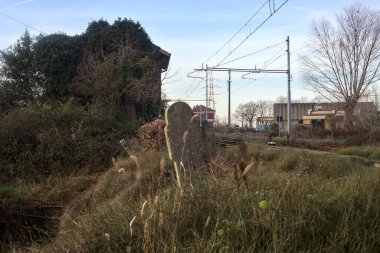 Abandoned building covered by ivy by the edge of a railroad track on a cloudy day in the italian countryside