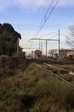 Abandoned building covered by ivy by the edge of a railroad track on a cloudy day in the italian countryside
