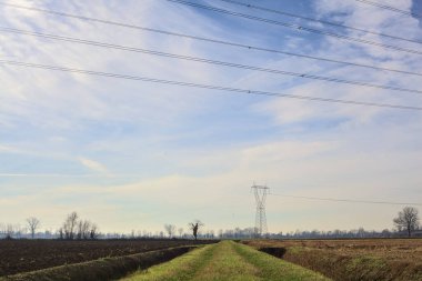 Path between cultivated fields and bordered by streams of water in the italian countryside