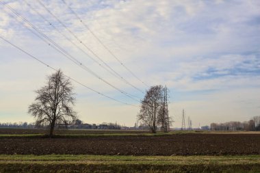 Trails between fields bordered by bare trees seen from over a stream of water in the italian countryside