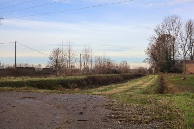 Path between cultivated fields and bordered by streams of water in the italian countryside