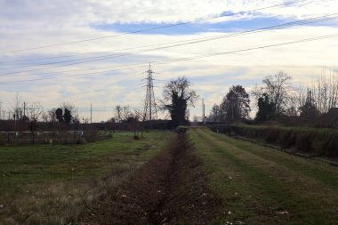 Path between cultivated fields and bordered by streams of water in the italian countryside
