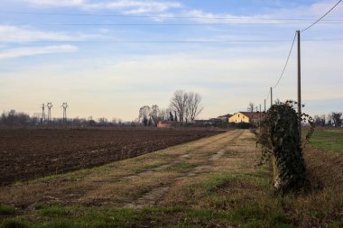 Path next to a ploughed field bordered by wooden poles and a power line on a cloudy day in the italian countryside