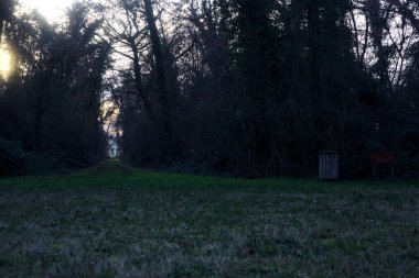 Gün batımında bir parkta açık bir alandan başlayan yol