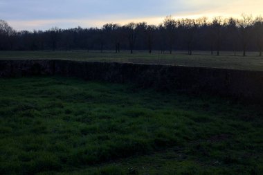 Günbatımında İtalya kırsalında bir ormanın yanındaki çayırda bir manastırın kalıntıları.