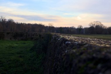 Günbatımında İtalya kırsalında bir ormanın yanındaki çayırda bir manastırın kalıntıları.