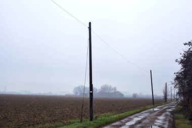 Dirt road with puddles bordered by a field and trees by the edge of a railroad track on an embankment on a cloudy day in the italian countryside