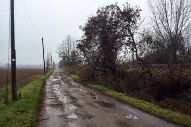 Dirt road with puddles bordered by a field and trees by the edge of a railroad track on an embankment on a cloudy day in the italian countryside