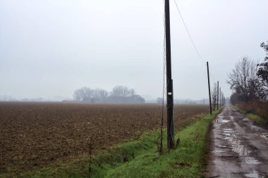 Dirt road with puddles bordered by a field and trees by the edge of a railroad track on an embankment on a cloudy day in the italian countryside